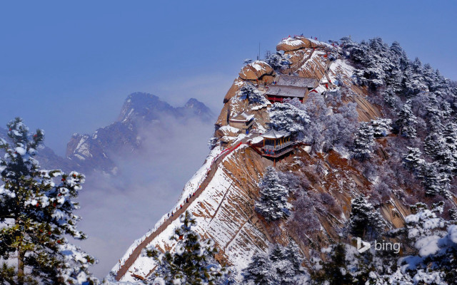 Snowy mountain building trees blue free wallpaper - medium preview image