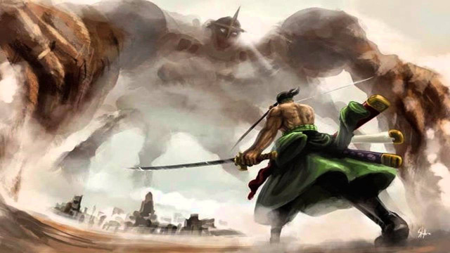 Man sword monster battle painting free wallpaper - medium preview image