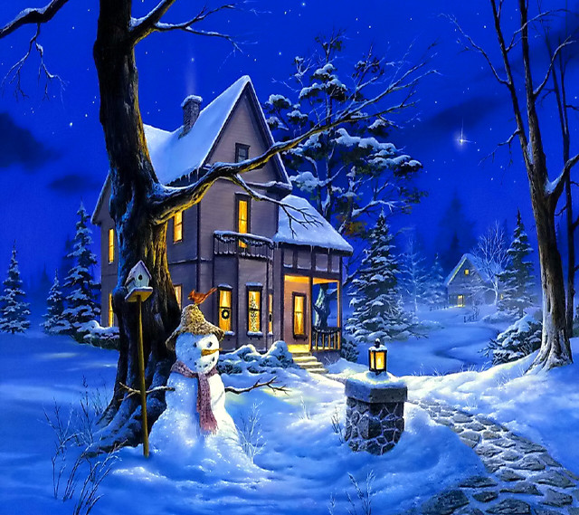 Snowman house night tree painting free wallpaper - medium preview image