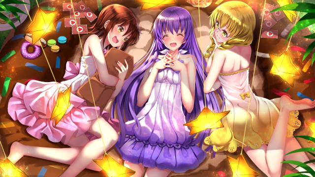Three girls dresses sitting bed #2 free wallpaper - medium preview image