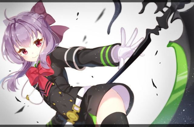 Anime girl purple hair bowtie free wallpaper for desktop - medium preview image