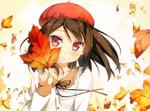 Girl holding leaf hat head free wallpaper - medium preview image
