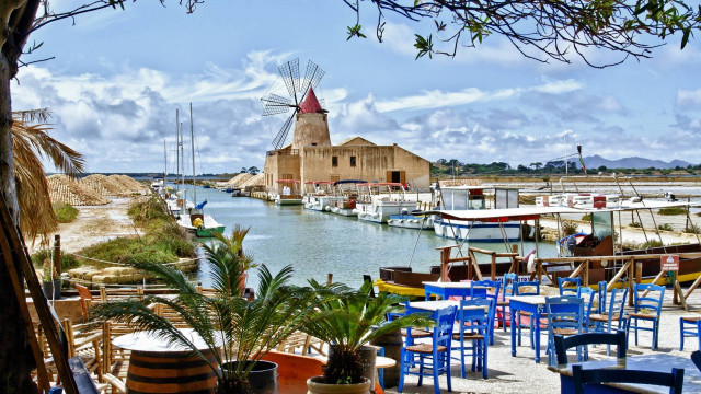 Harbor boats windmill background scenery free wallpaper - medium preview image