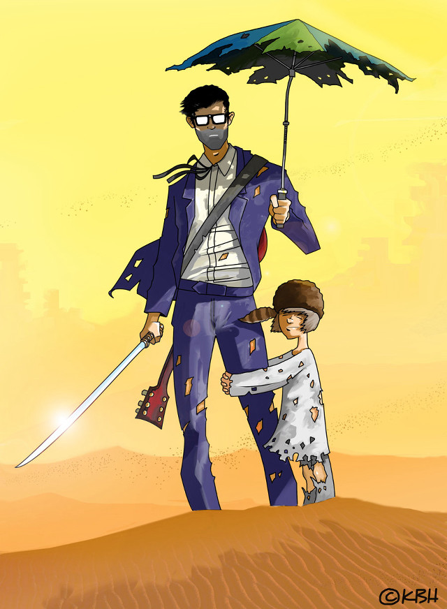 Man sword child umbrella desert free wallpaper - medium preview image