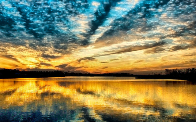 Sunset lake clouds trees water free wallpaper - medium preview image