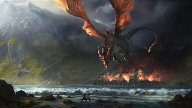 Dragon flying water mountain castle free wallpaper - medium preview image