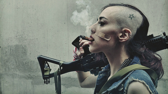 Woman smoking gun cigarette hands free wallpaper - medium preview image