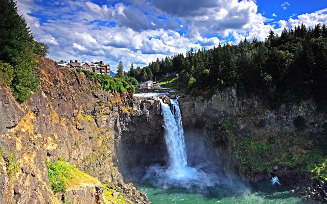 Waterfall man river cliff building free wallpaper - medium preview image