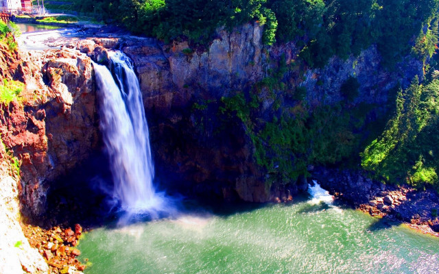 Waterfall above river bridge building free wallpaper - medium preview image