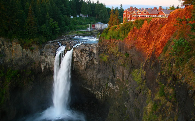 Waterfall river trees building cliff free wallpaper - medium preview image