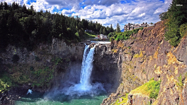 Man waterfall building cliff background free wallpaper - medium preview image
