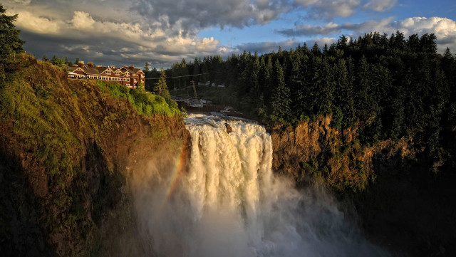 Waterfall house forest cloudy sky free wallpaper - medium preview image