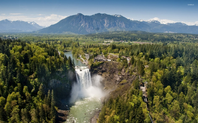 Waterfall trees mountains river road free wallpaper - medium preview image