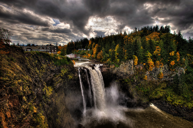 Waterfall bridge train cloudy sky free wallpaper - medium preview image