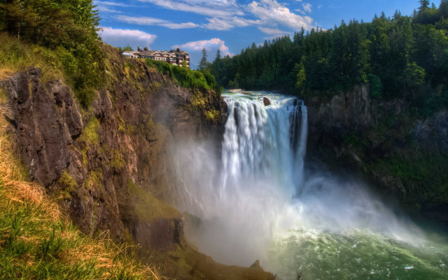 Waterfall house river bridge scenery free wallpaper - medium preview image