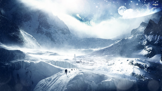 Snowy mountain stars couple walking free wallpaper - medium preview image