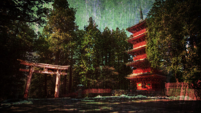 Pagoda forest trees green sky free wallpaper - medium preview image