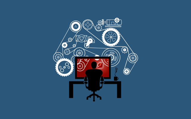 Man sitting desk computer gears free wallpaper - medium preview image