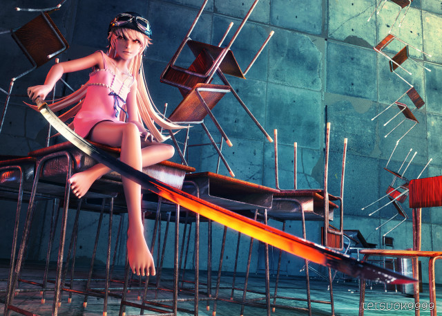 Girl chair sword building wall free wallpaper - medium preview image