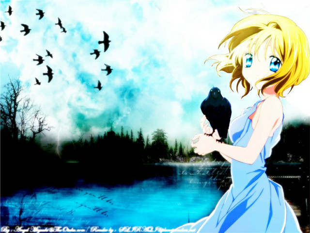 Girl blue dress holding bird free wallpaper - medium preview image