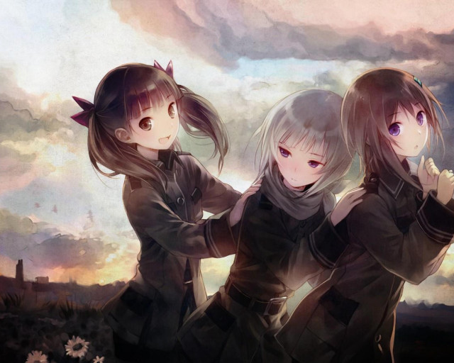 Three anime girls cloudy sky #2 free wallpaper - medium preview image