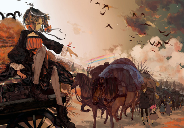Woman horse carriage rainbow birds free wallpaper - medium preview image