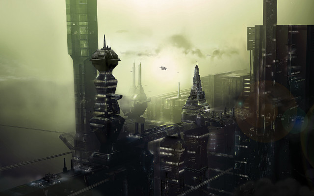 Futuristic city plane flying over free wallpaper - medium preview image