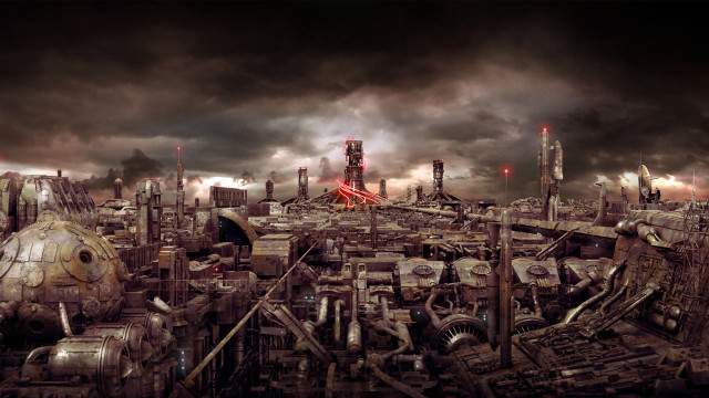 Futuristic city smoke buildings sky free wallpaper - medium preview image