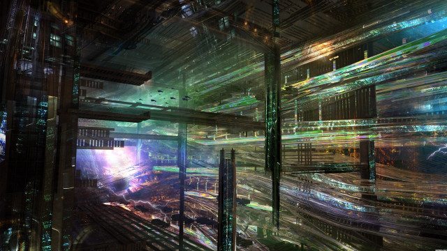 Futuristic city lights wires ceiling free wallpaper - medium preview image
