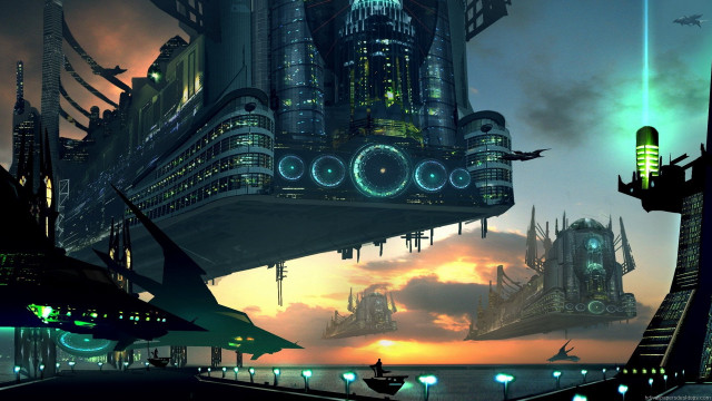 Futuristic city clock tower background free wallpaper - medium preview image