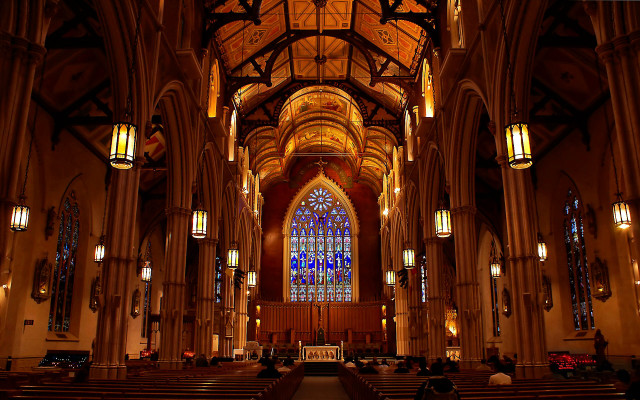 Cathedral stainedglass pews gothic digital free wallpaper - medium preview image