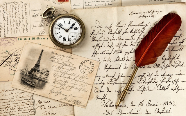 Clock pen inkwell paper feather free wallpaper - medium preview image