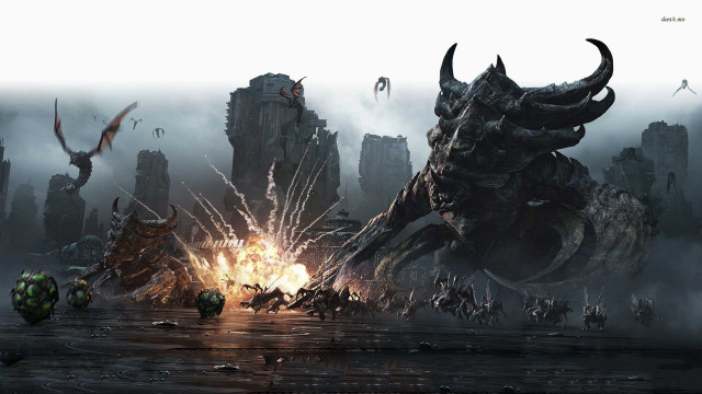 Demonic monsters city attack fog free wallpaper - medium preview image