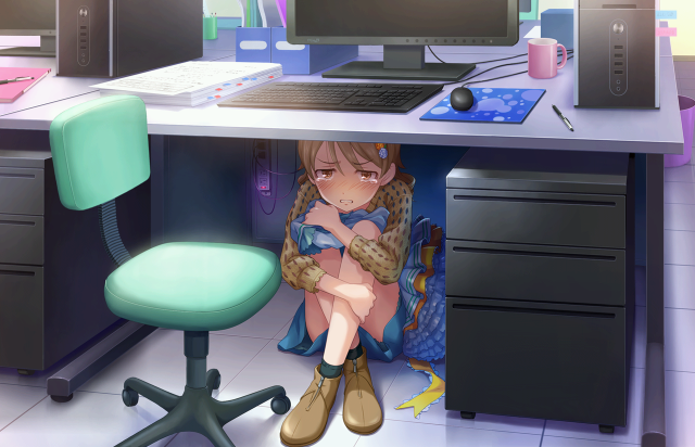 Girl sitting chair computer desk free wallpaper - medium preview image