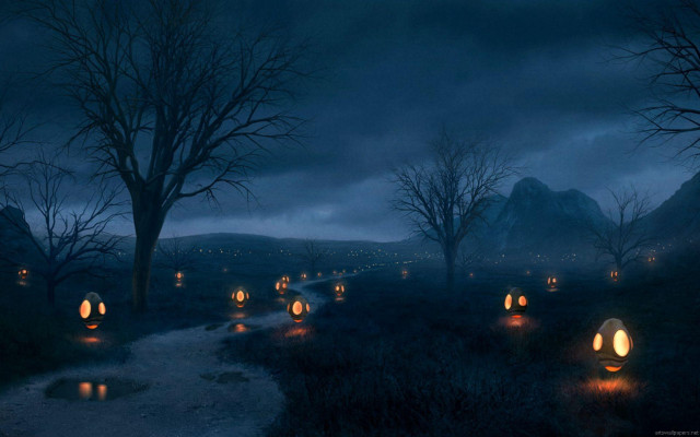 Path lanterns dark forest night free wallpaper - medium preview image