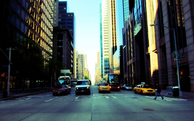 City street cars buses tall free wallpaper - medium preview image