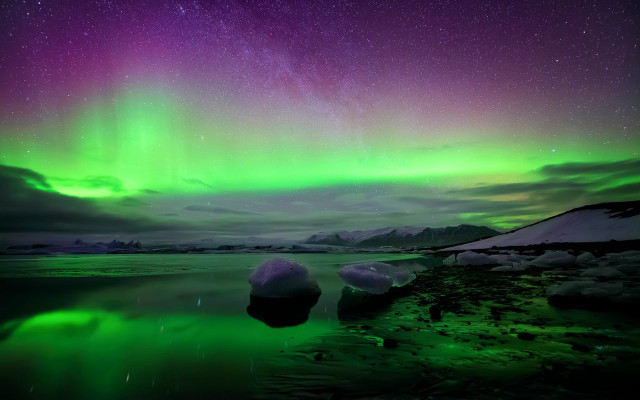 Green purple aurora lake mountains #2 free wallpaper - medium preview image