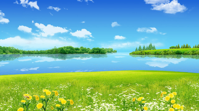 Beautiful green field flowers lake #2 free wallpaper - medium preview image