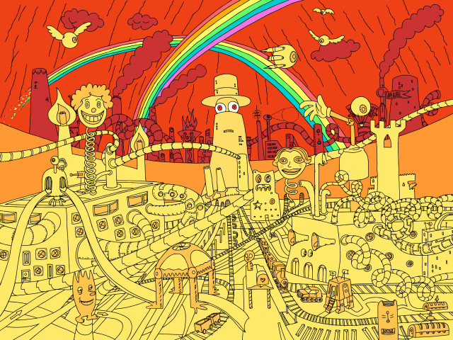 City rainbow sky drawing artwork free wallpaper - medium preview image