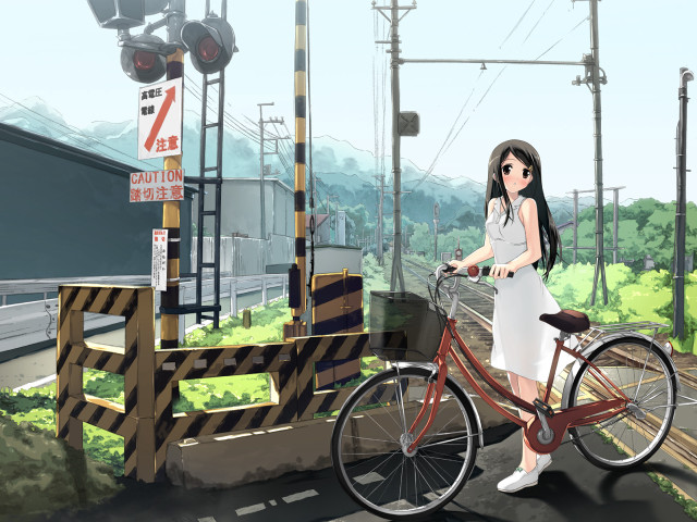 Woman biking street train track free wallpaper - medium preview image