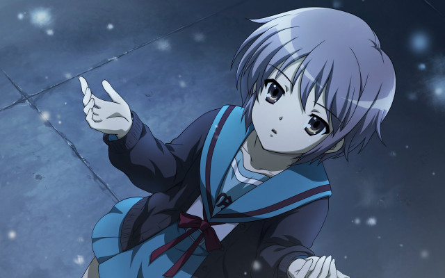 Blue hair pointing snow falling free wallpaper - medium preview image