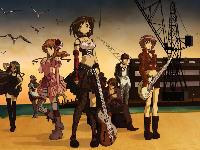 Anime girls group building crane free wallpaper - medium preview image