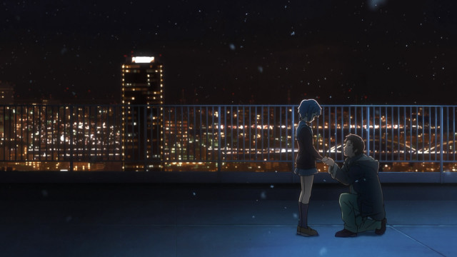 Man kneeling woman roof night free wallpaper - medium preview image