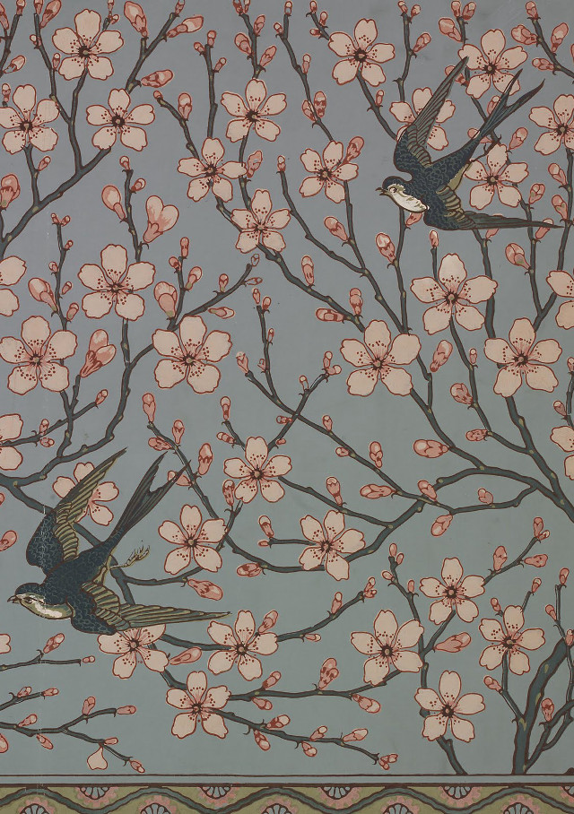 Birds flying tree flowers border free wallpaper - medium preview image