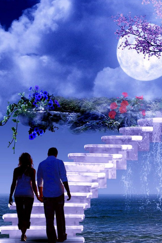 Couple stairway waterfall tree moon free wallpaper - medium preview image