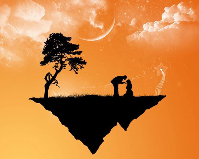 Couple kissing cliff tree crescent free wallpaper - medium preview image