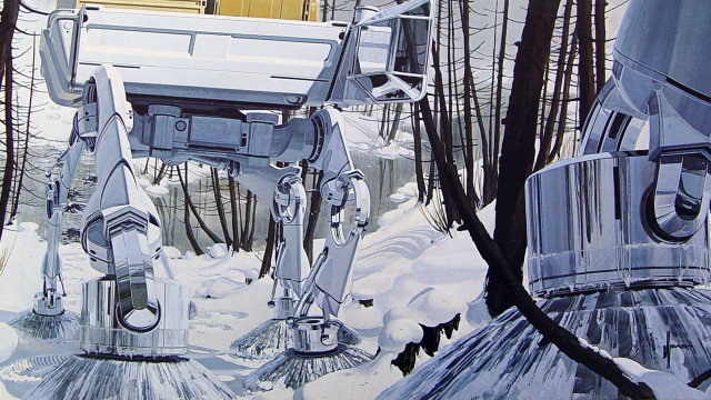 Robot snow trees yellow building free wallpaper - medium preview image
