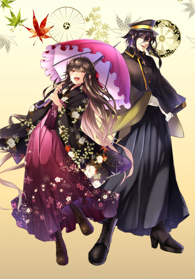 Anime characters umbrellas flowers beige free wallpaper - medium preview image