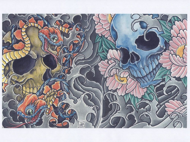 Skulls flowers dragon drawing white #2 free wallpaper - medium preview image