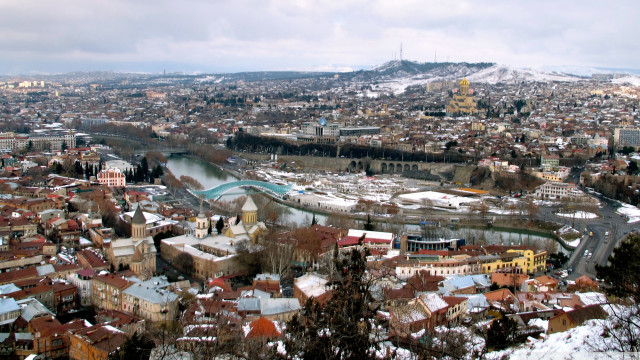 City river snowy mountain buildings free wallpaper - medium preview image